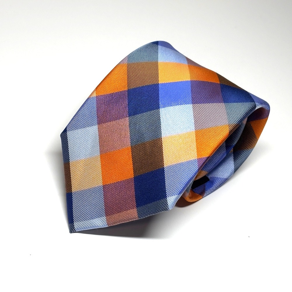 Tommy Hilfiger Necktie Mens OS Orange Blue Plaid Silk Classic Tie Preppy Wedding